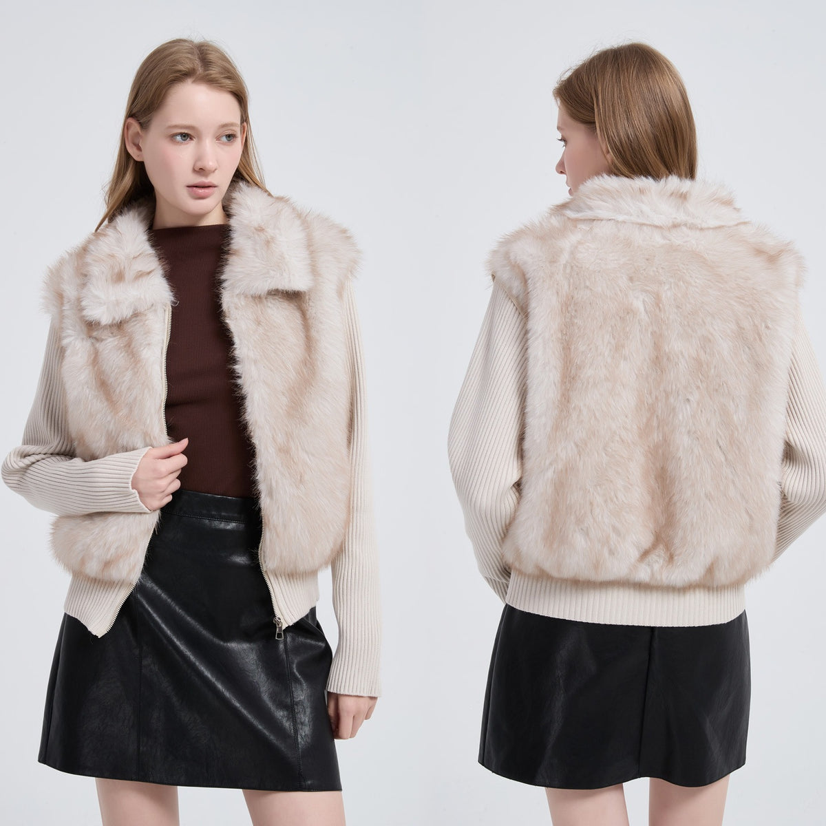 Veste femme en fausse fourrure à manches en maille amovibles
