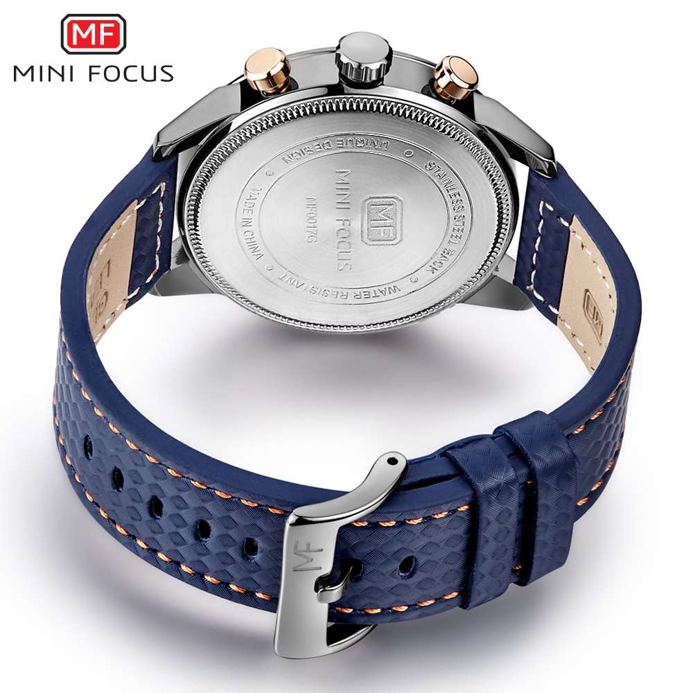 Montre Homme Chronographe Quartz Mini Focus — Bracelet Cuir Véritable, Étanche 30M, 41mm