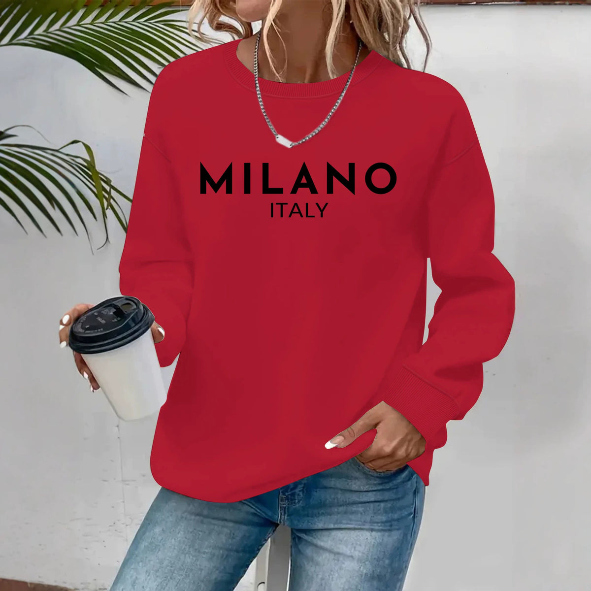 Sweat femme en coton à col rond imprimé MILANO ITALY