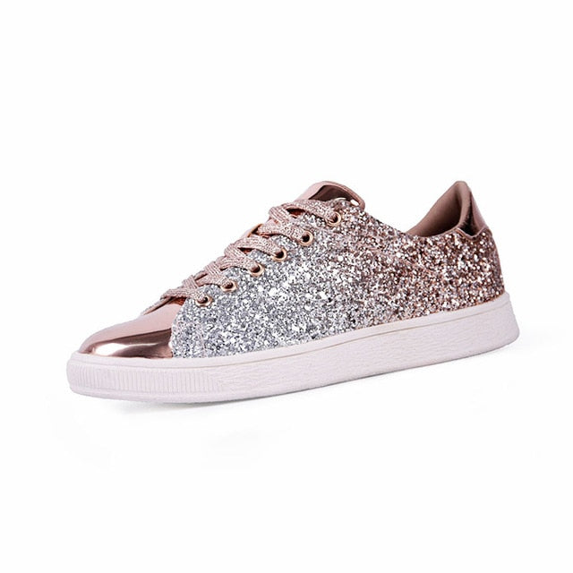 Baskets Plates Paillettes Bling Femme – Lacets, Tige PU, Style Casual Printemps