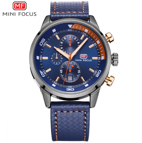 Montre Homme Chronographe Quartz Mini Focus — Bracelet Cuir Véritable, Étanche 30M, 41mm