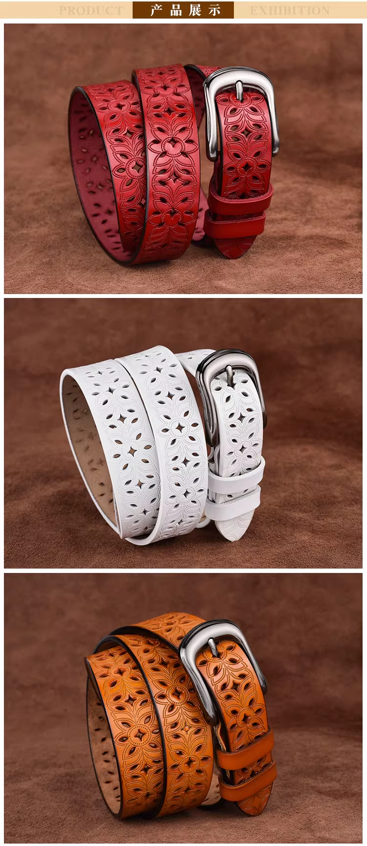 Ceinture femme en cuir ajouré à motifs floraux