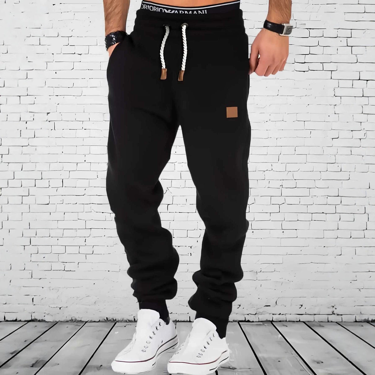 Jogging homme épais imprimé lettres – Taille élastique à cordon, multi-poches