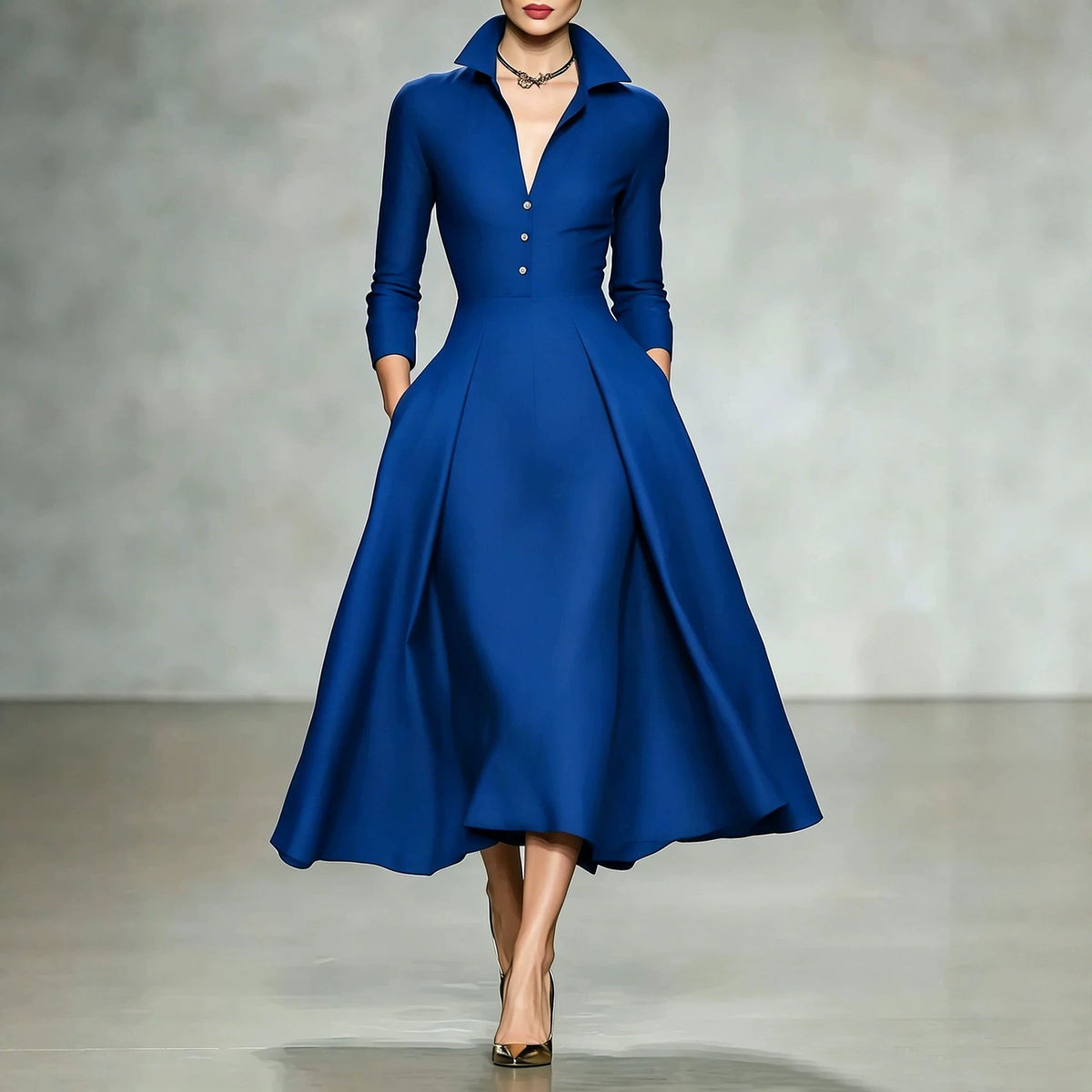 Robe midi à col V et manches longues, taille cintrée