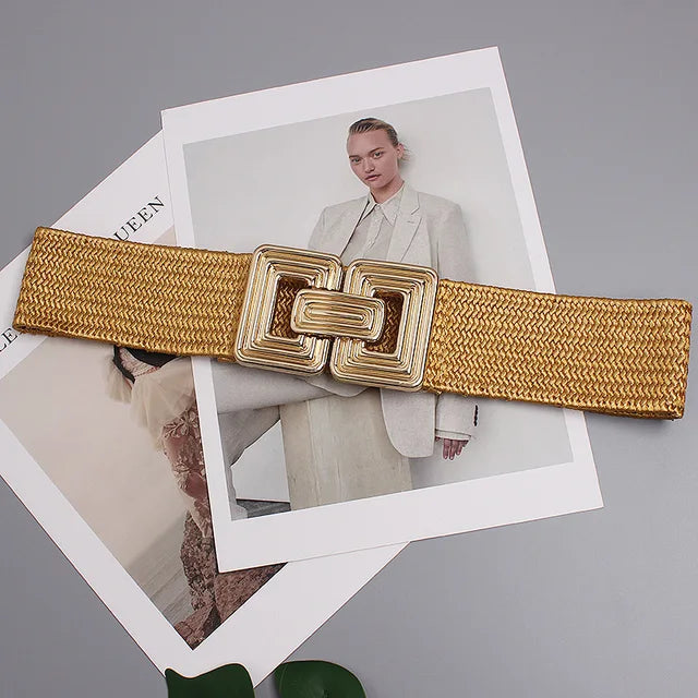 Ceinture large élastique femme à boucle géométrique dorée