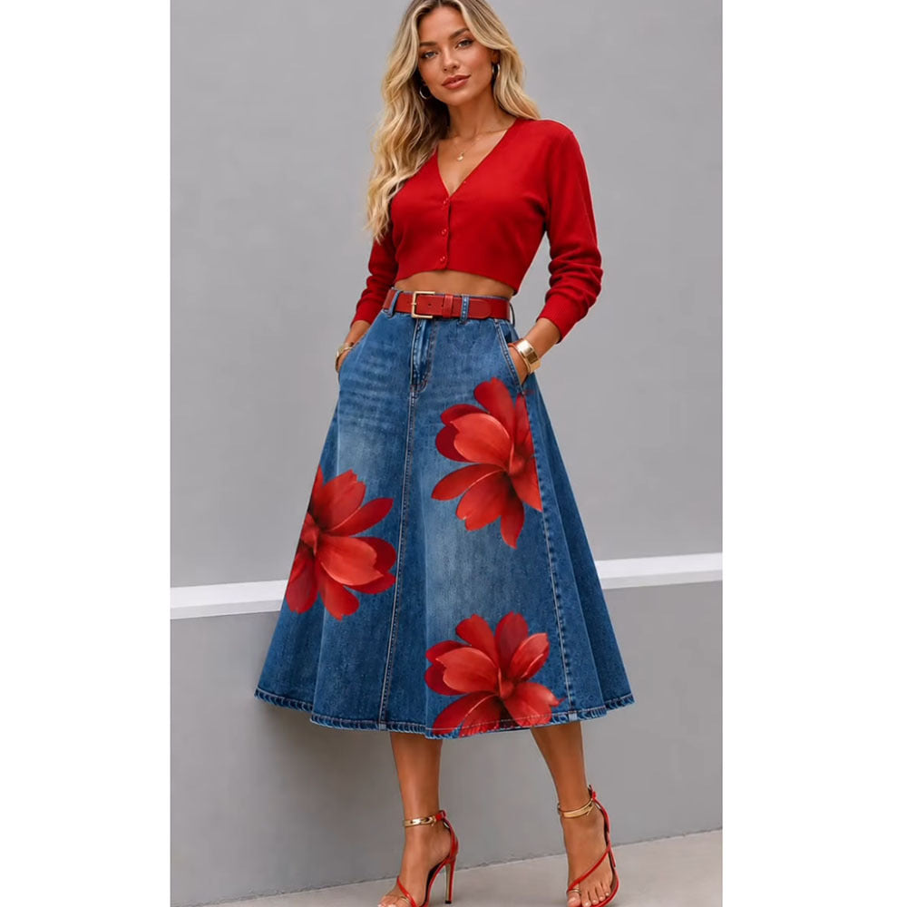 Jupe midi taille haute à imprimé floral, effet denim délavé