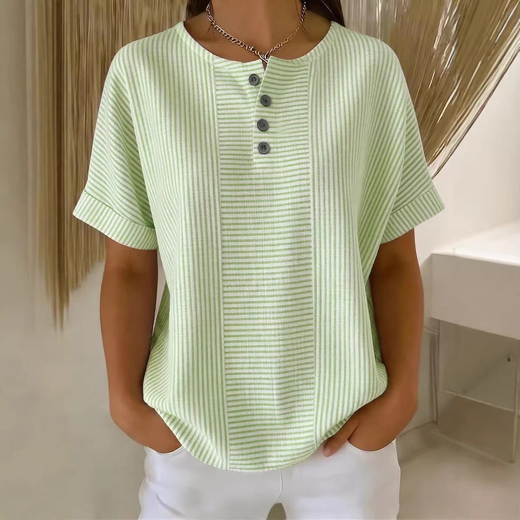 T-shirt femme rayé à manches courtes et col boutonné