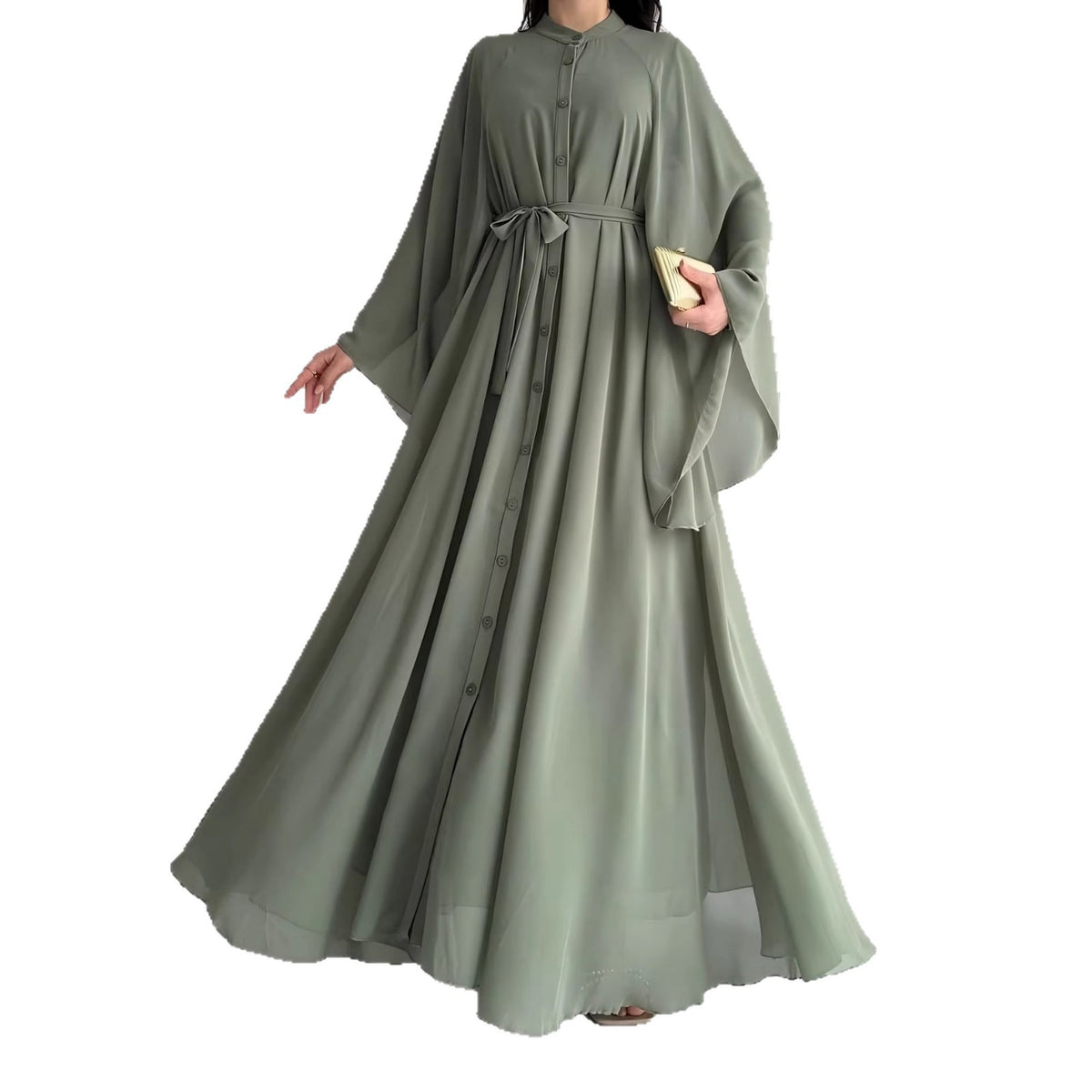 Robe longue verte en mousseline à manches longues et ceinture