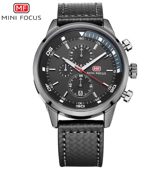 Mini Focus Herren-Chronograph Quarzuhr — Armband aus echtem Leder, 30m wasserdicht, 41mm