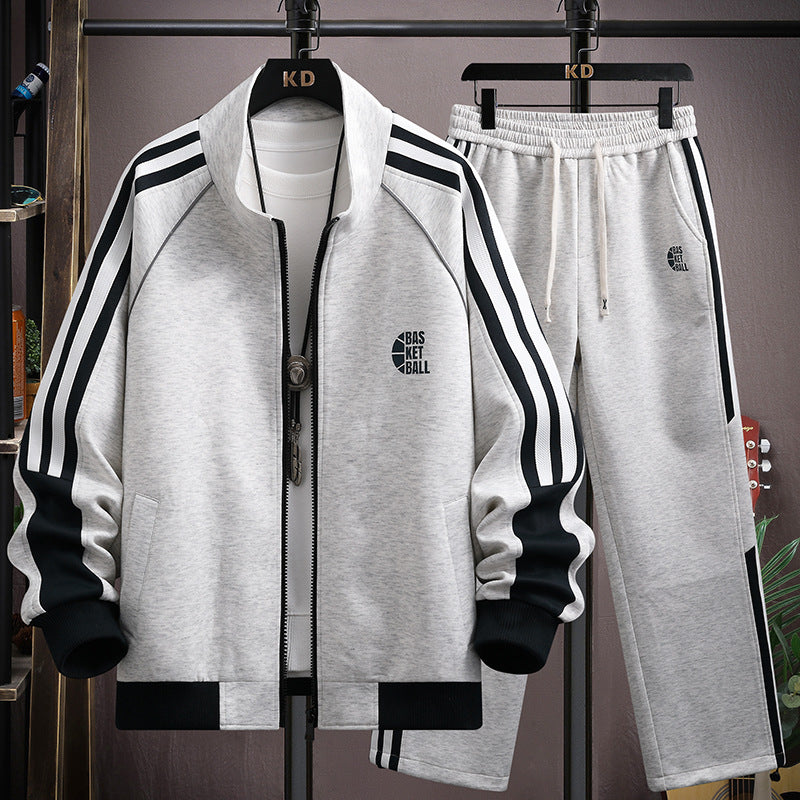 Ensemble homme veste zippée à col montant et pantalon à bandes