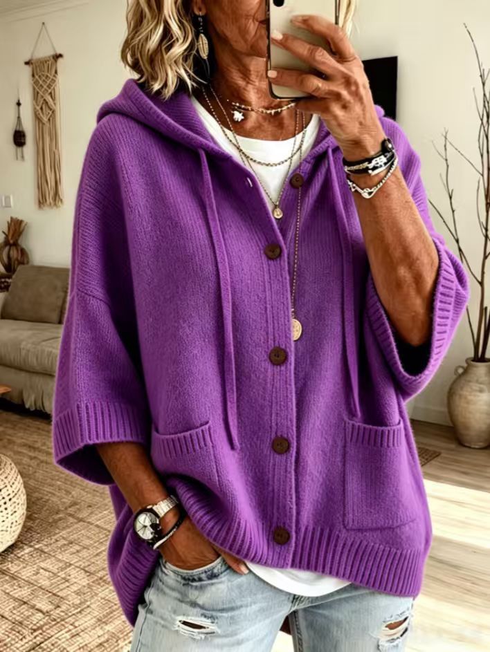 Einfarbige Damen-Kapuzenstrickjacke – Große Größen & 9 Farben