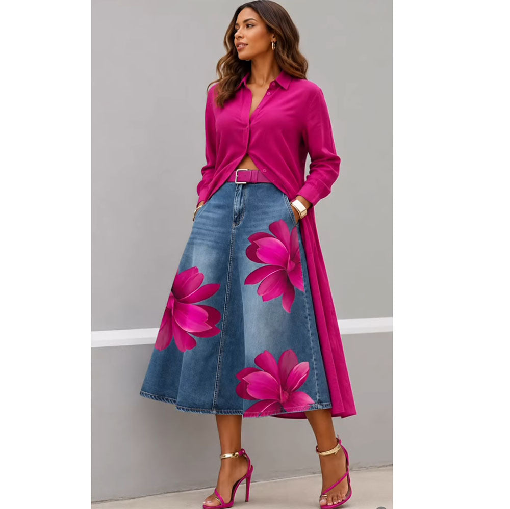 Jupe midi taille haute à imprimé floral, effet denim délavé