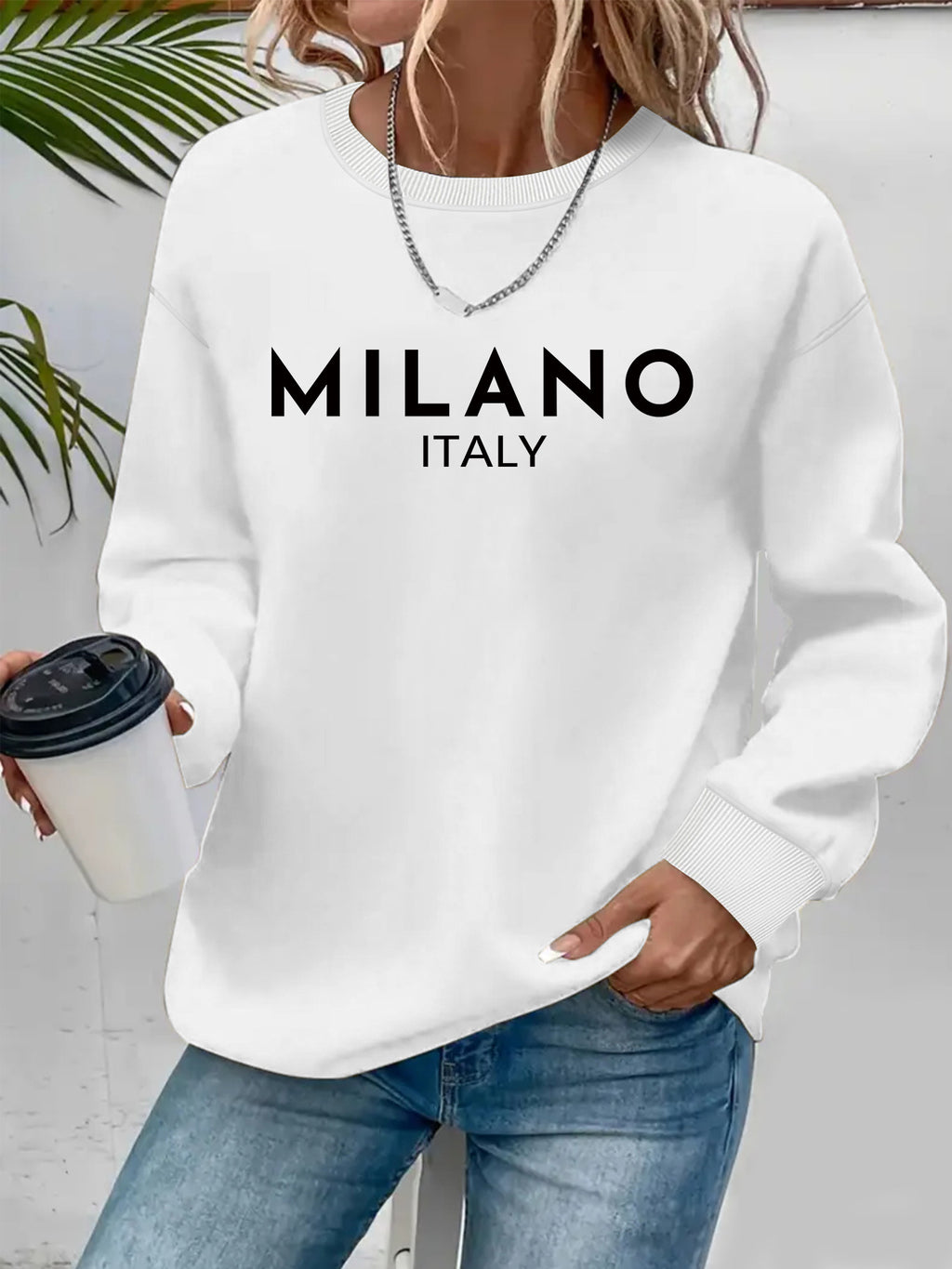 Sweat femme en coton à col rond imprimé MILANO ITALY