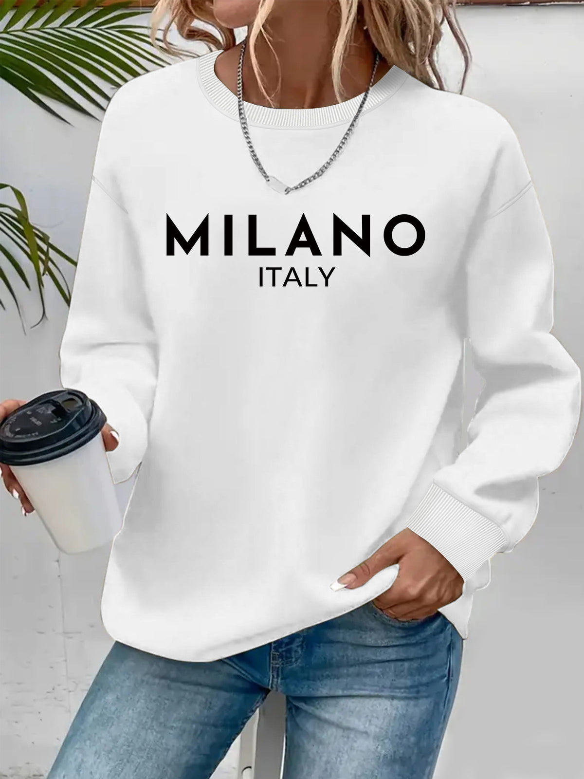 Sweat femme en coton à col rond imprimé MILANO ITALY