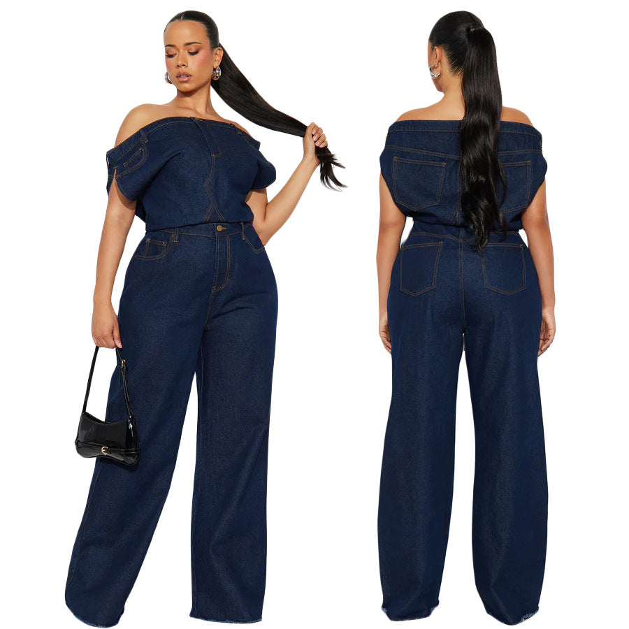 Combinaison femme en jean bleu foncé – Encolure asymétrique et jambes larges