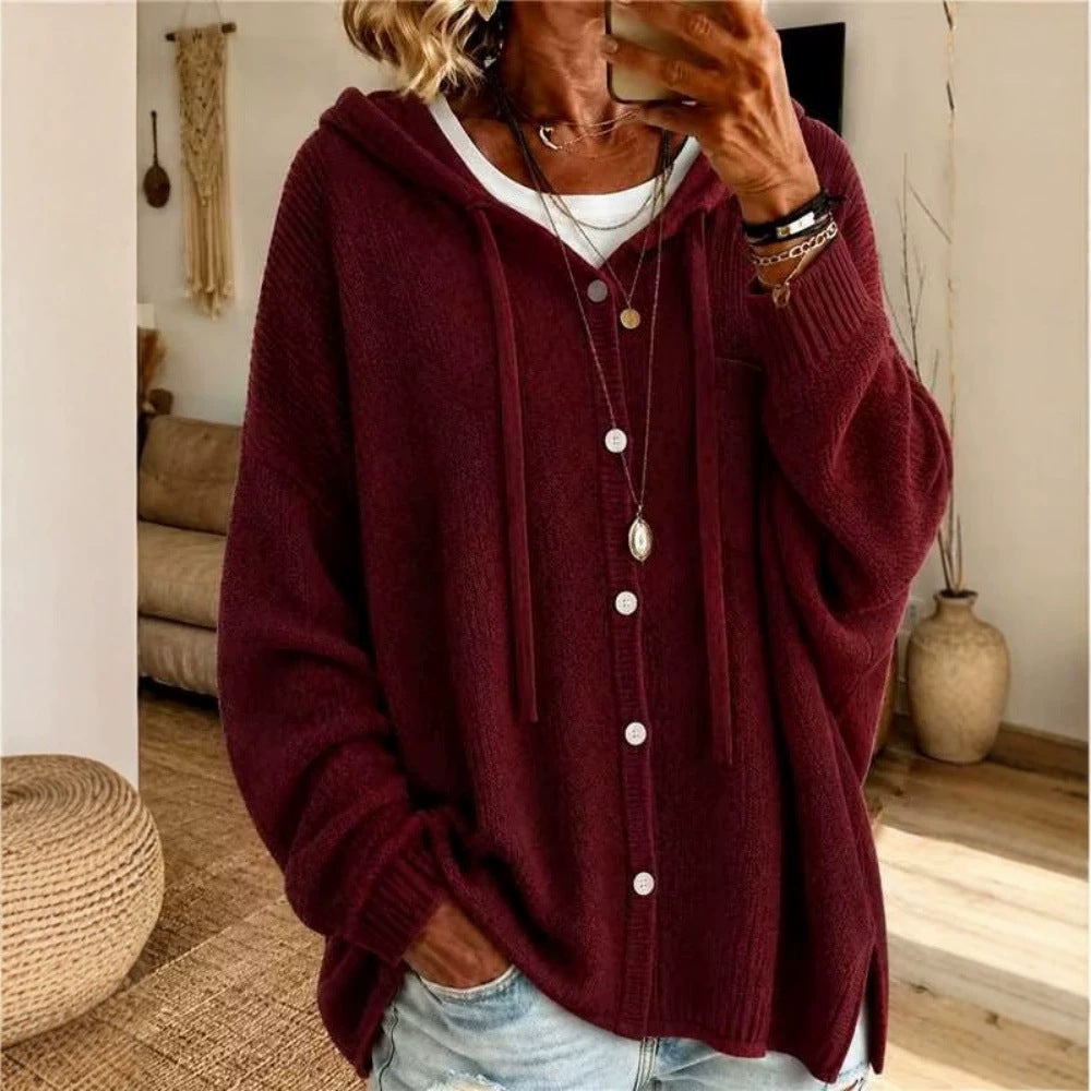Damen-Strickjacke mit Kapuze und Knöpfen – Leuchtende Farben & bequeme Passform