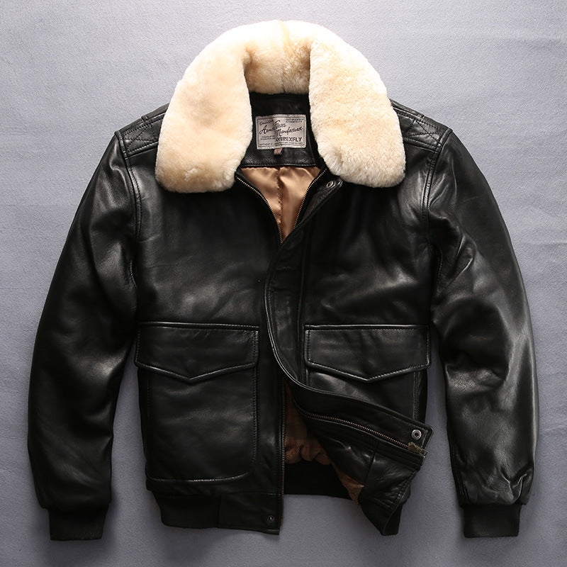 Blouson aviateur homme en cuir de mouton à col amovible