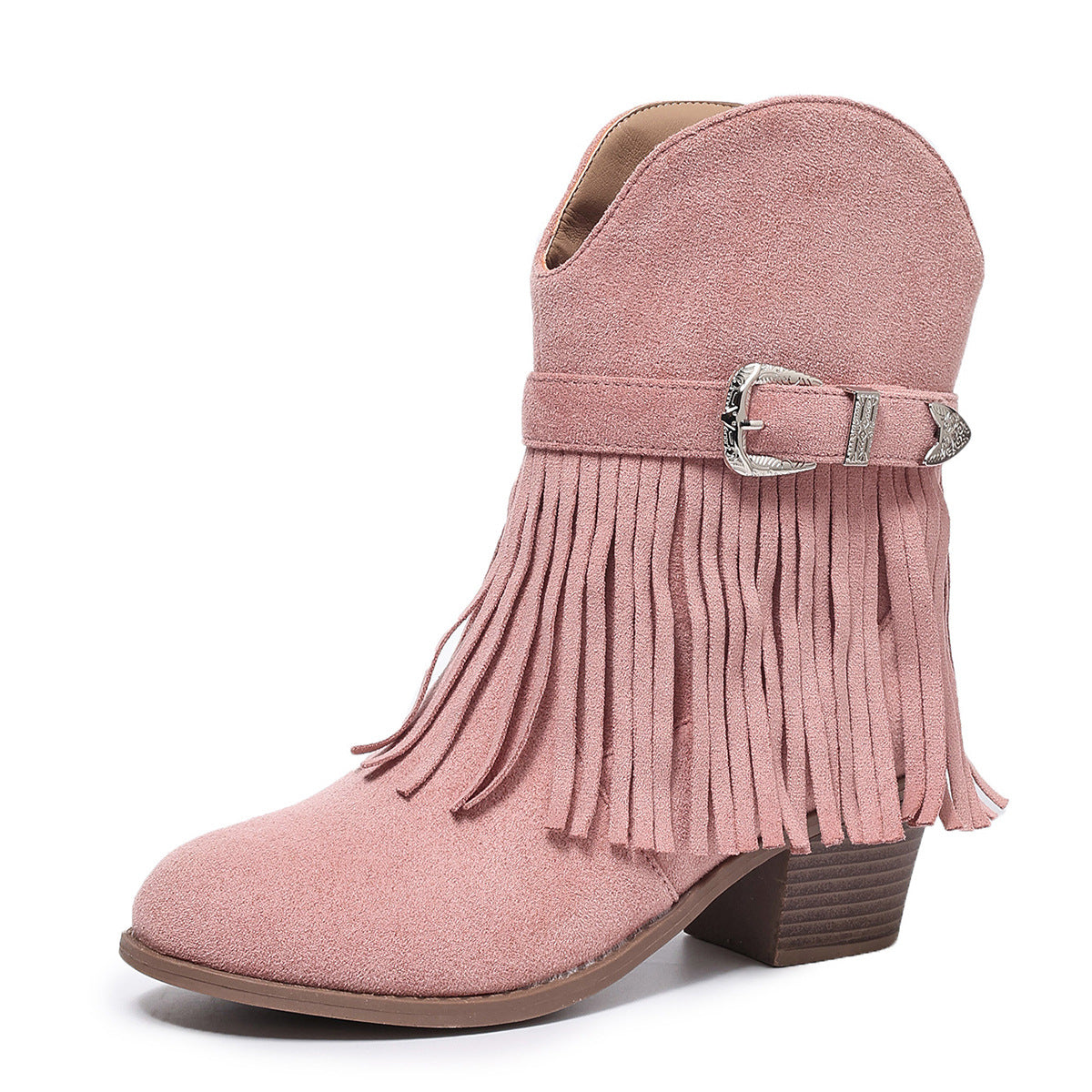 Bottines Franges Style Western Femme – Talon Épais, Semelle Plateforme, Boucle, Cuir Suédé