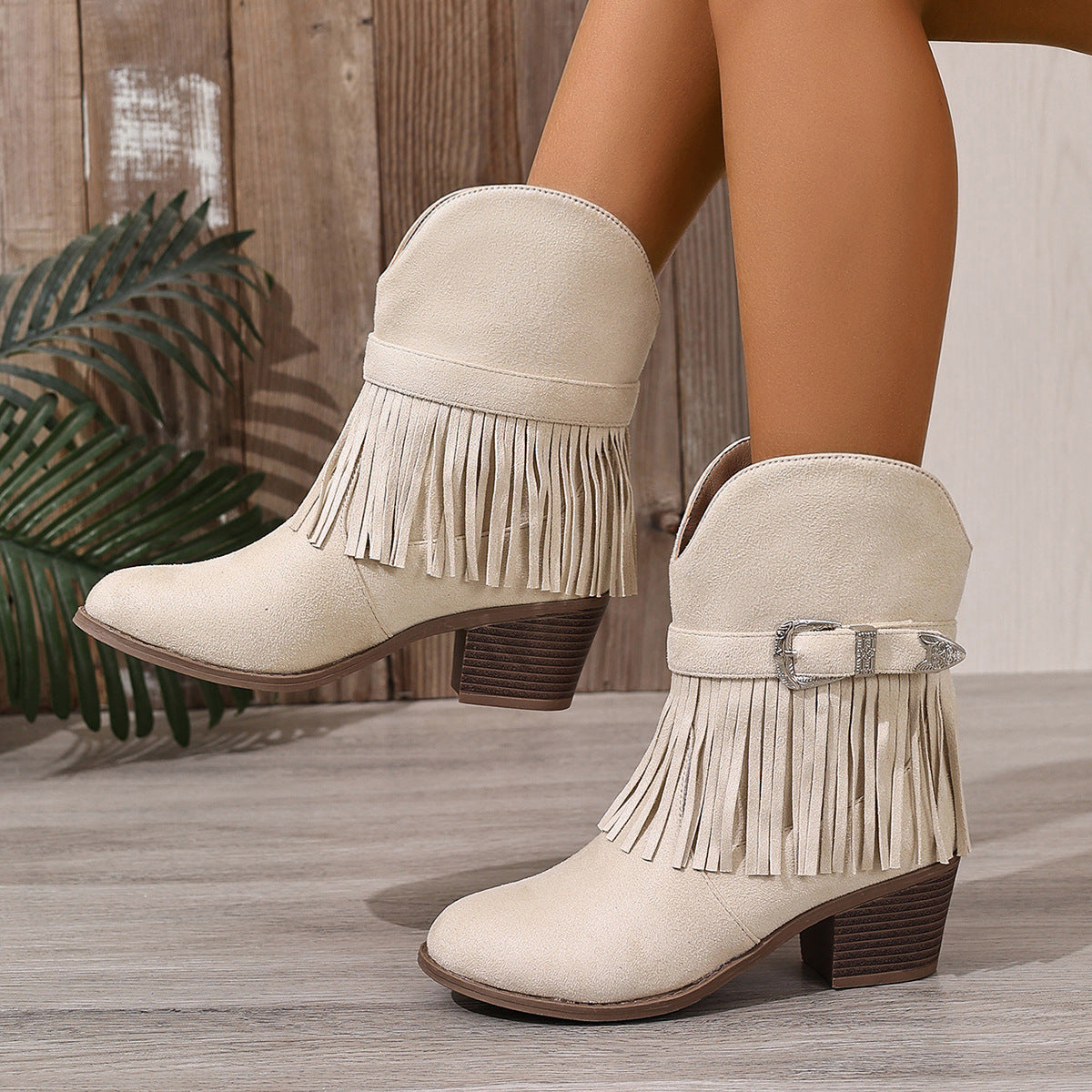 Bottines Franges Style Western Femme – Talon Épais, Semelle Plateforme, Boucle, Cuir Suédé