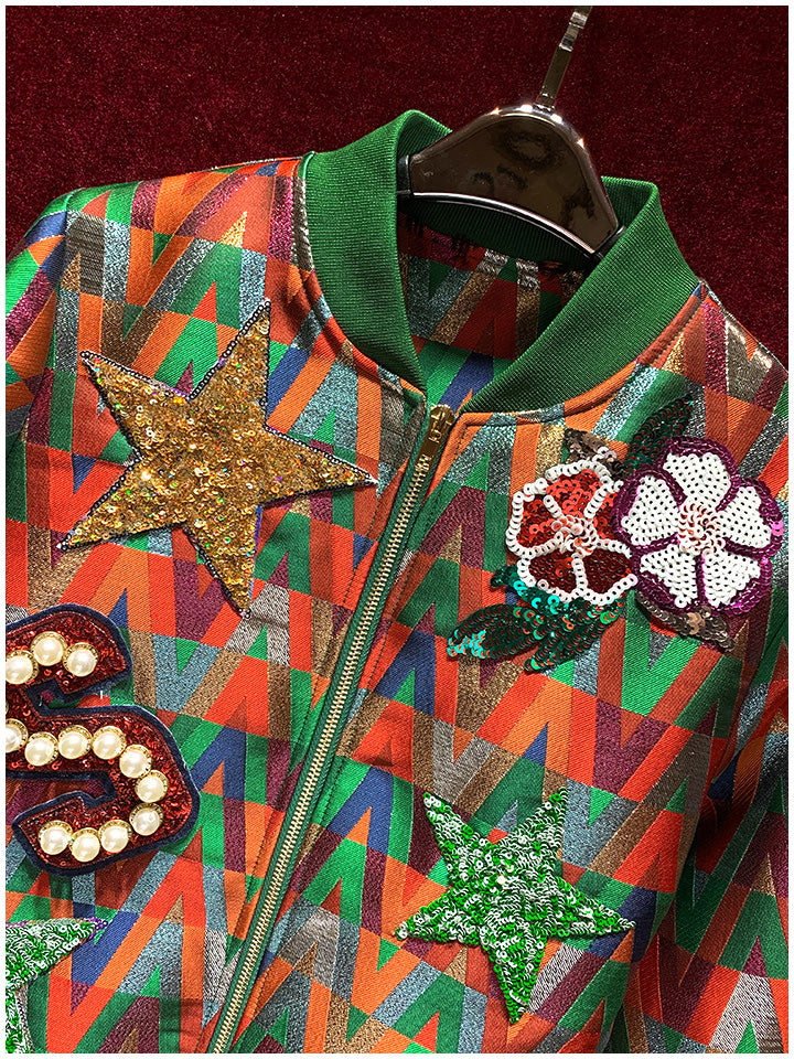 Bomber femme multicolore en jacquard à écussons fantaisie
