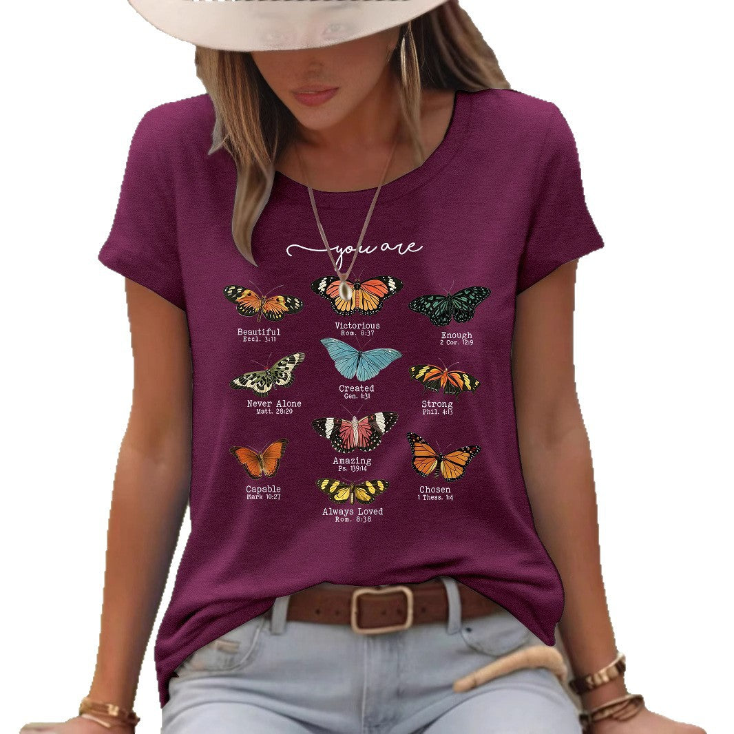 T-shirt femme imprimé papillon à manches courtes