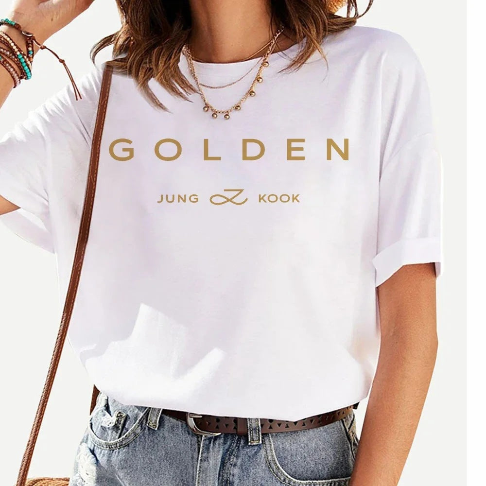 T-Shirt Femme Imprimé Lettres Dorées – Manches Courtes, Col Rond