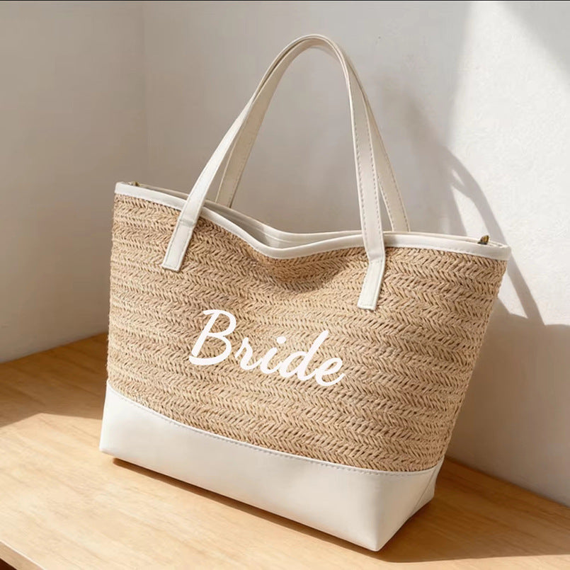 Sac de Plage Tressé Grande Capacité – Style Bohème, Couleur Kaki