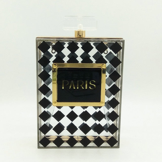 Sac de soirée femme forme flacon de parfum à bandoulière chaîne