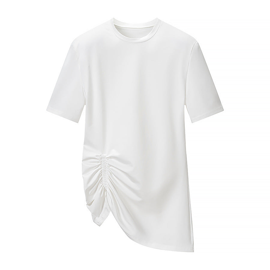 T-Shirt Blanc Froncé Latéral Ourlet Asymétrique – Col Rond