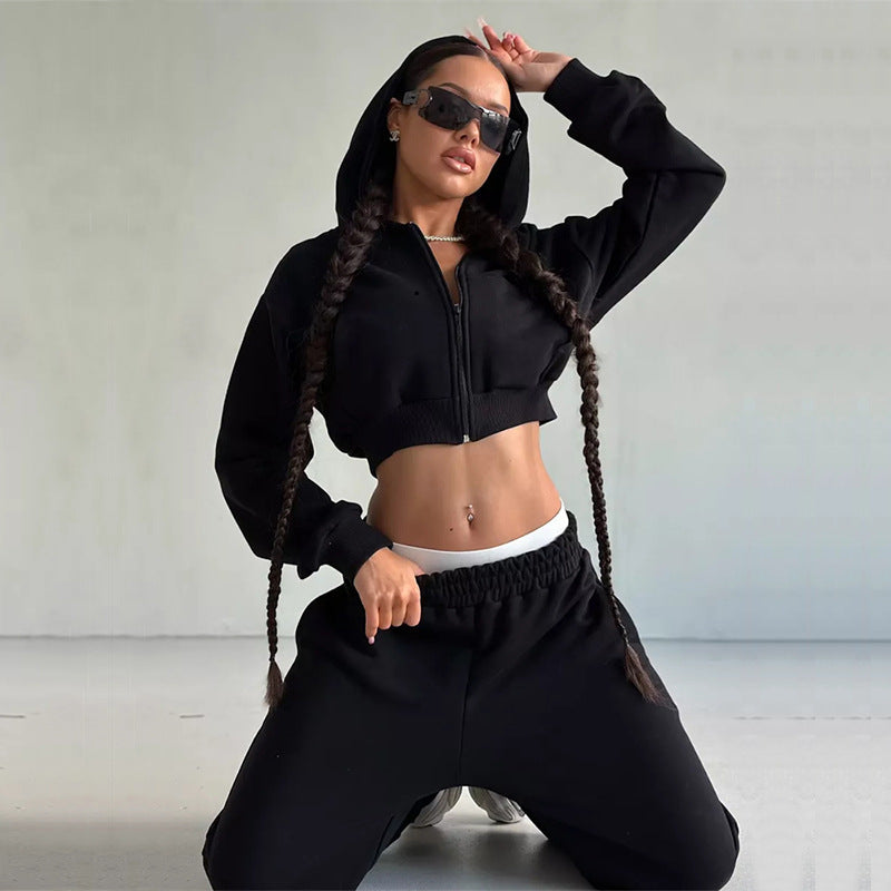 Damen-2-Teiler – Kurzes Kapuzenoberteil mit langen Ärmeln & lange Hose im sportlichen Stil