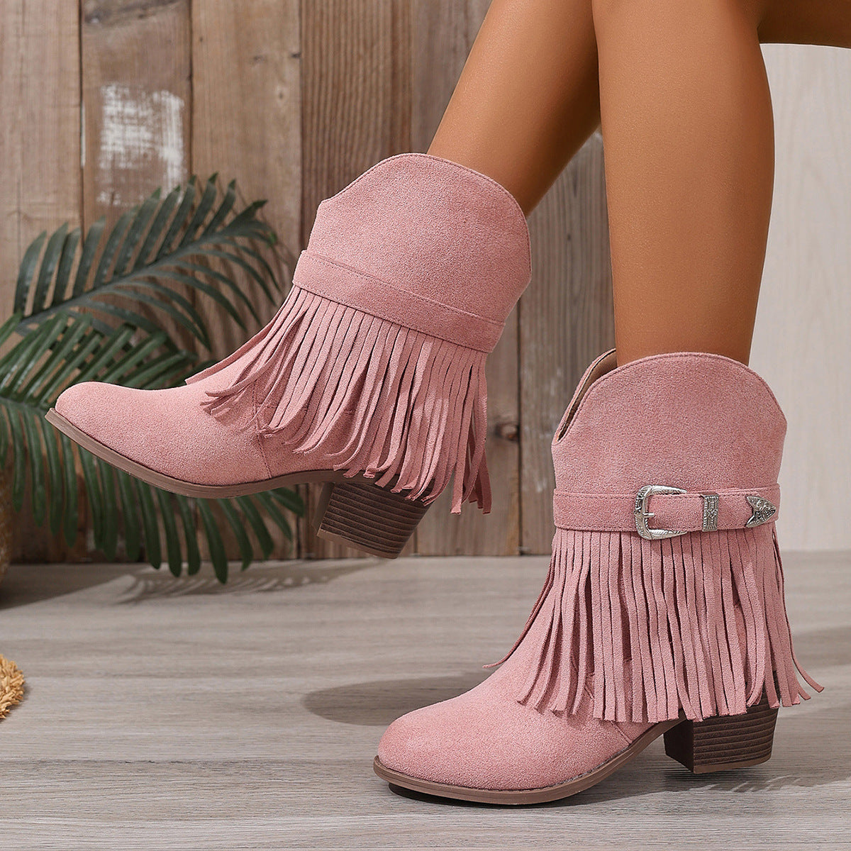 Bottines Franges Style Western Femme – Talon Épais, Semelle Plateforme, Boucle, Cuir Suédé