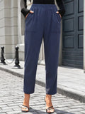 Pantalon femme bleu marine à taille élastiquée et poches