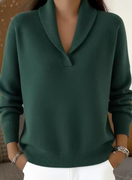 Einfarbiger, weit geschnittener V-Ausschnitt-Pullover – Polyesterstrick, lange Ärmel, vielseitig