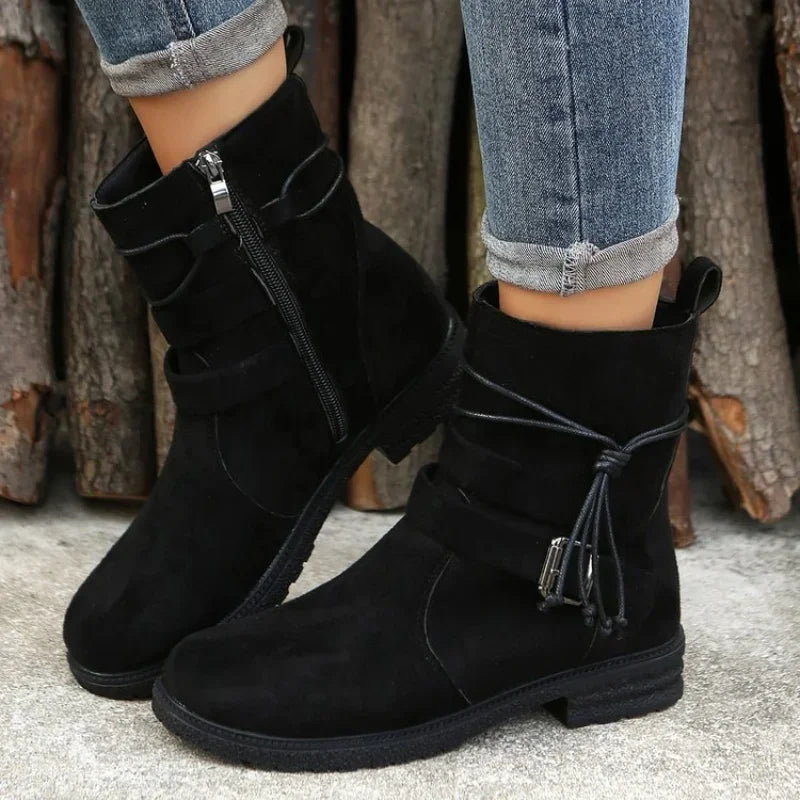 Chelsea Boots Femme – Suède, Talon Épais, Boucle Ceinture, Automne Hiver