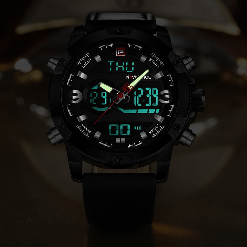 Naviforce Herrenuhr Ana-Digi Quarz — Lederarmband, Alarm, Chronograph, 46,5 mm