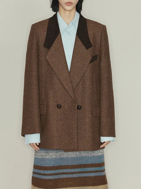 Blazer femme oversize à col contrastant et double boutonnage