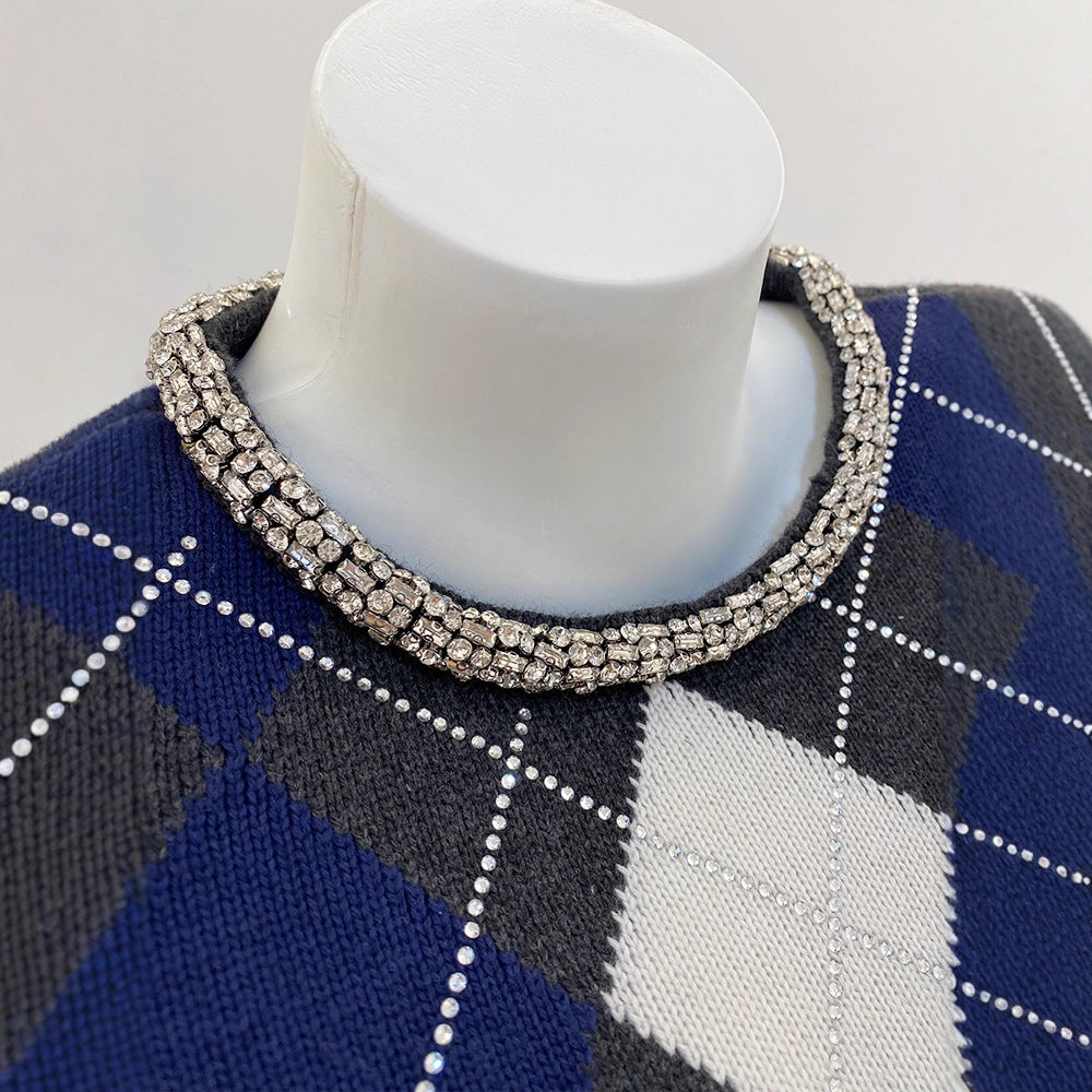Pull femme à losanges gris et bleu, col rond à strass