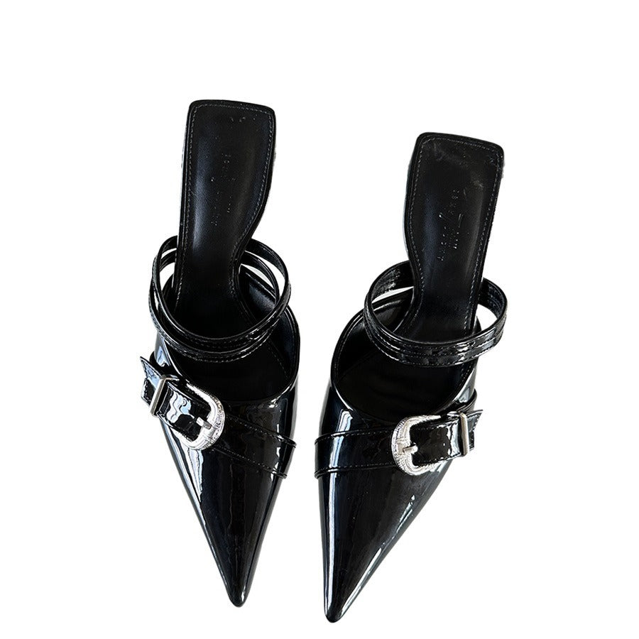 Damen-Mules mit spitzer Kappe und Stilettoabsatz — Französischer Stil, Schnallenverschluss, Größen 35–39