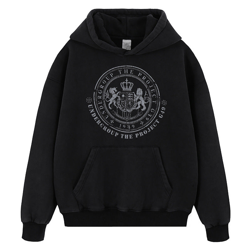Sweat à capuche homme noir ample à imprimés devant et dos