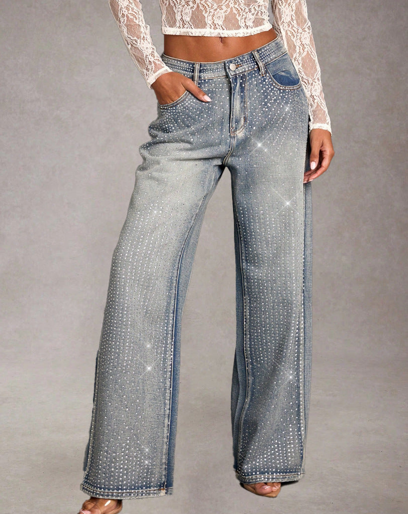 Jean droit long femme – Élégant & Fashion, Mi-taille stretch avec strass