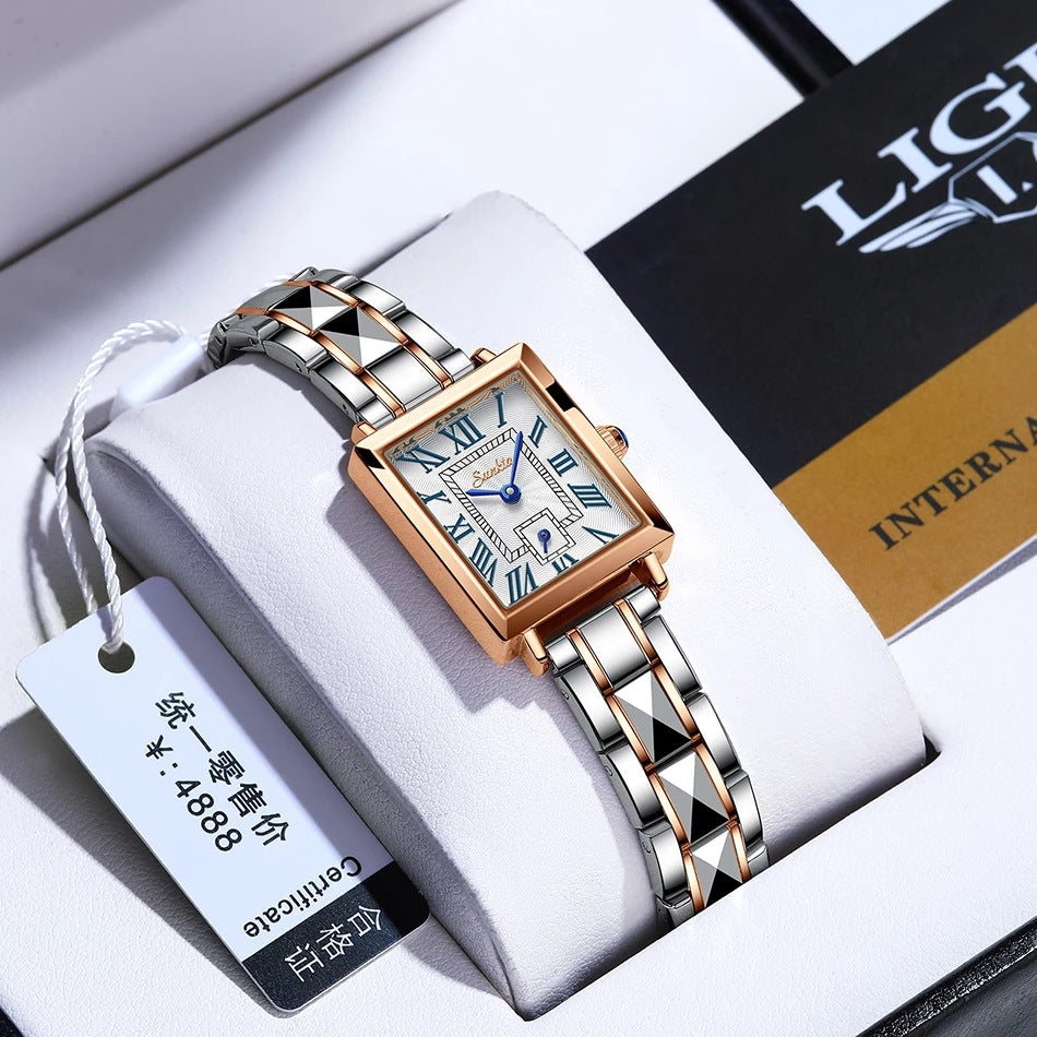 LIGE Women's Square Quartz Watch – Steel Strap, Calendar & 30M Waterproof