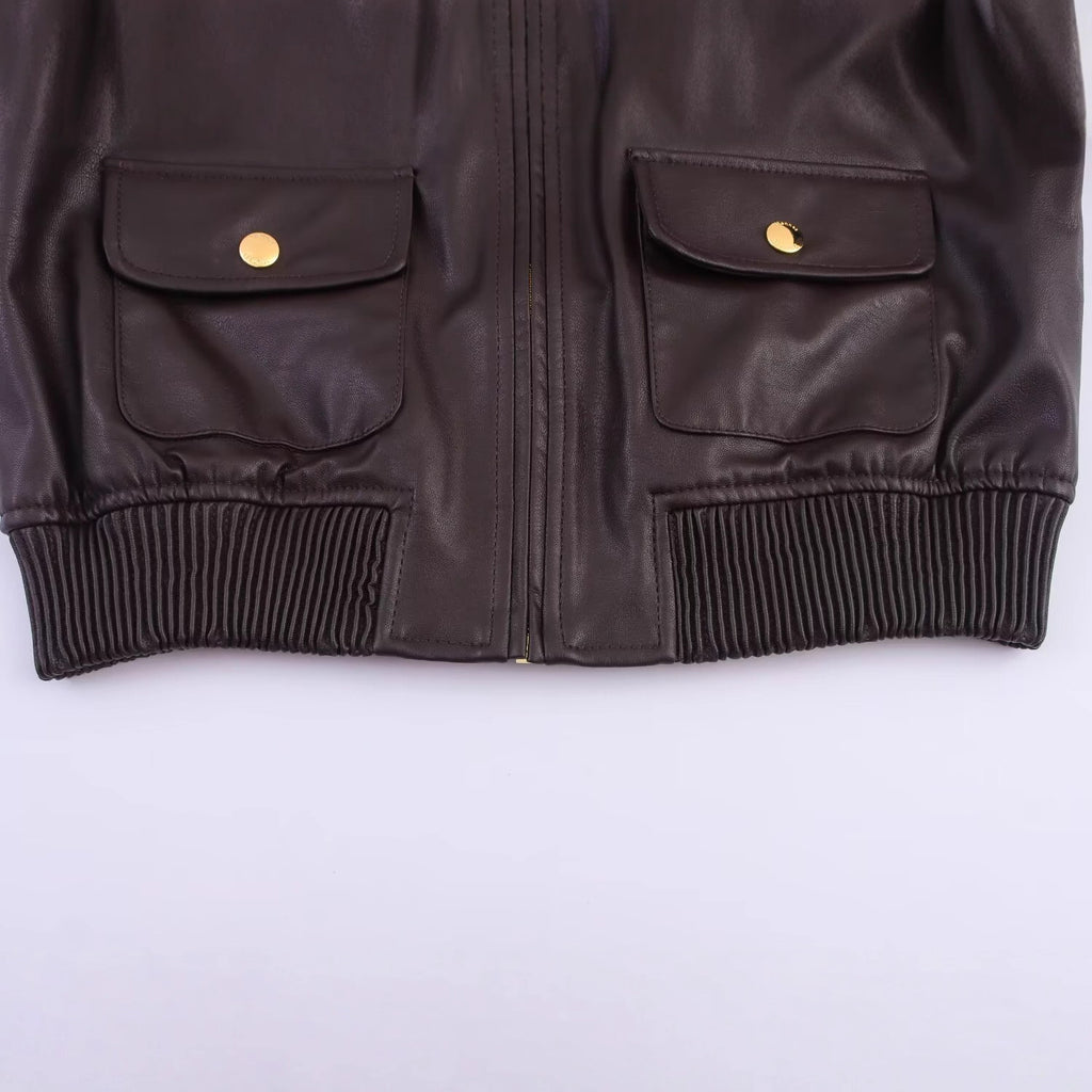 Blouson femme marron enduit à poches et détails dorés