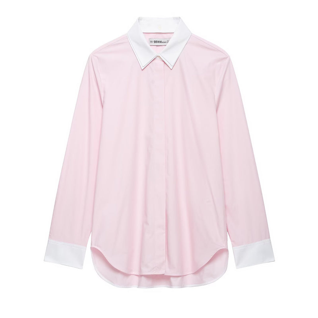 Chemise femme rose à col et poignets blancs contrastants