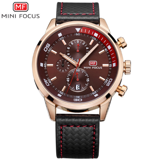 Mini Focus Herren-Chronograph Quarzuhr — Armband aus echtem Leder, 30m wasserdicht, 41mm