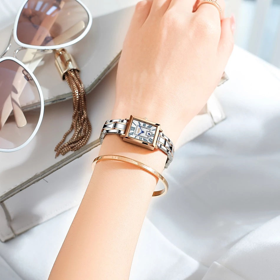 Montre Femme Lige Carrée Quartz – Bracelet Acier, Calendrier & Étanche 30M