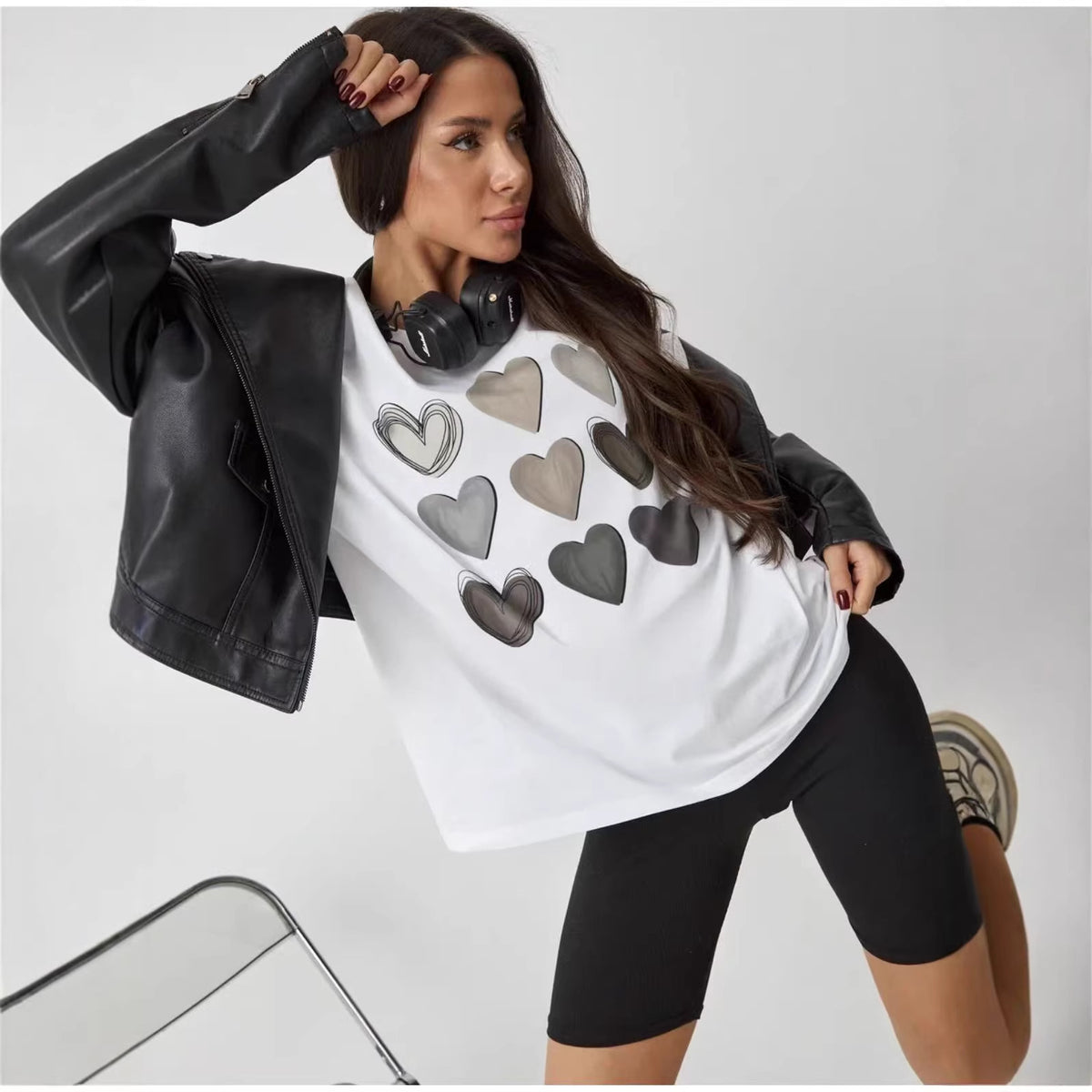 T-shirt femme blanc imprimé cœurs – Coupe ample