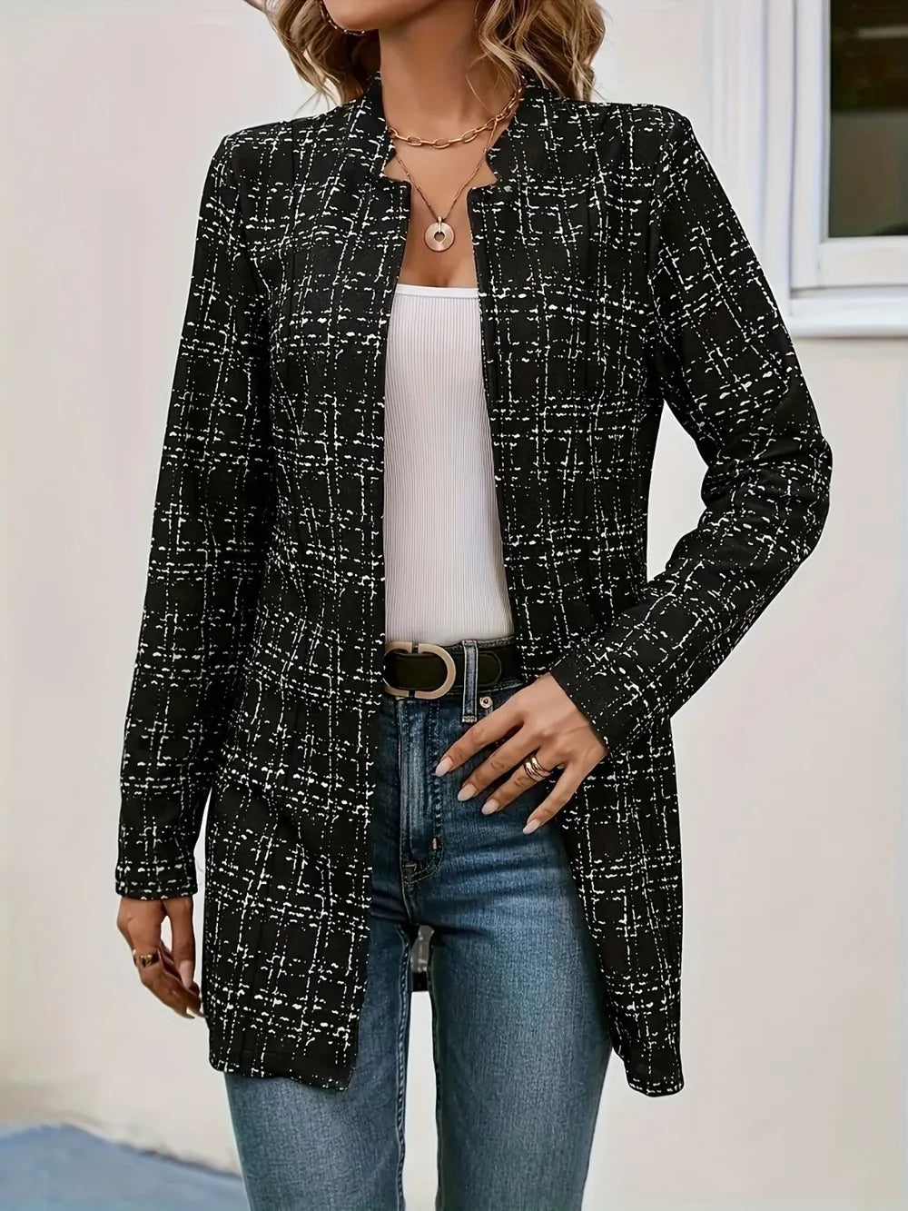 Damen-Blazer kariert, offen zu tragen, langärmlig, ungefüttert