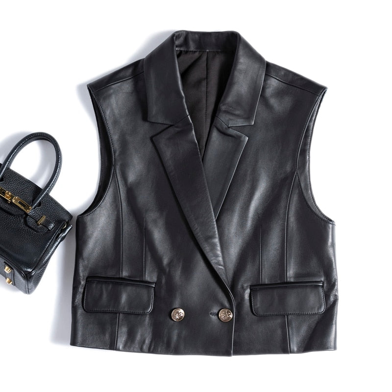 Veste blazer sans manches femme en cuir à boutons dorés