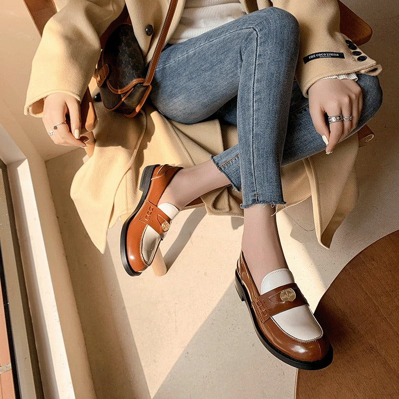Mocassins Cuir Véritable Femme – Style Britannique Rétro, Pièce Dorée, Slip-On