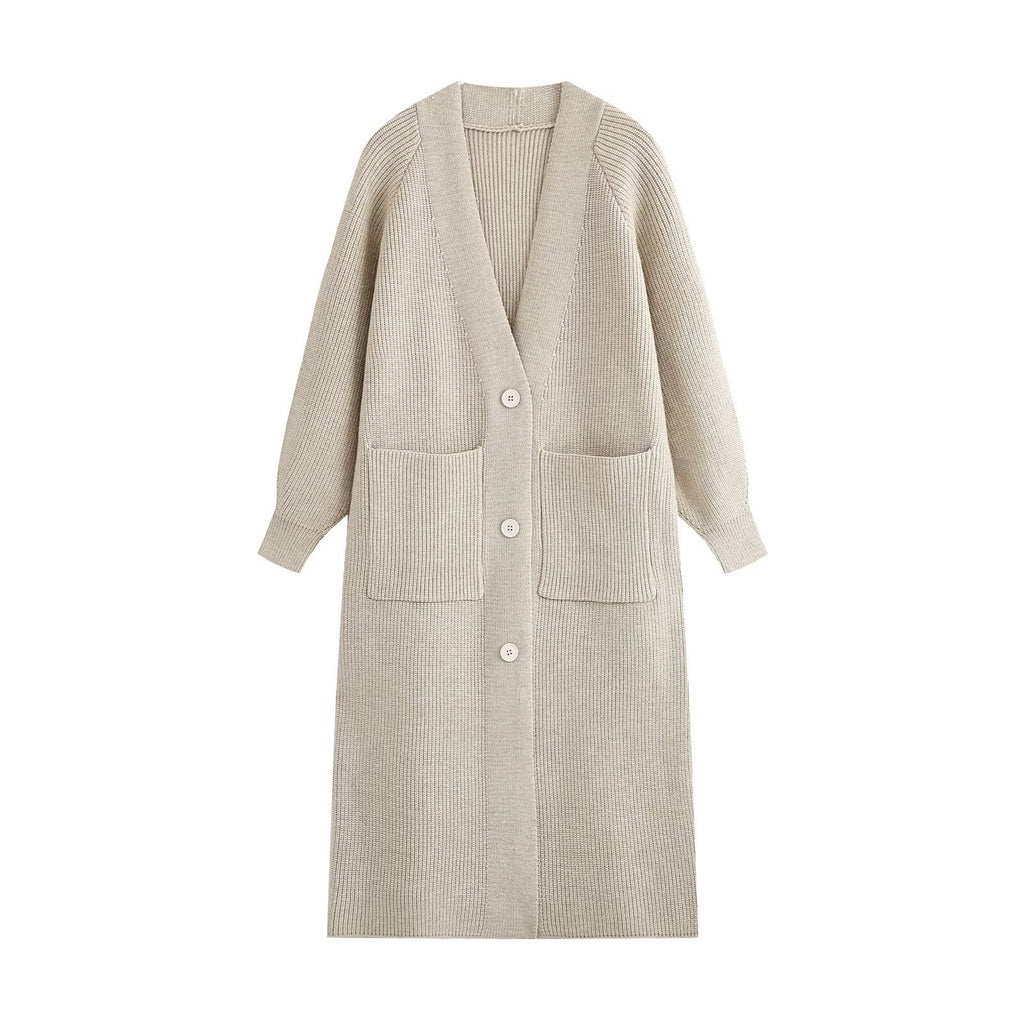 Cardigan long femme en maille côtelée à poches